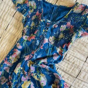 Floral Blue Dress with Smocked Bodice